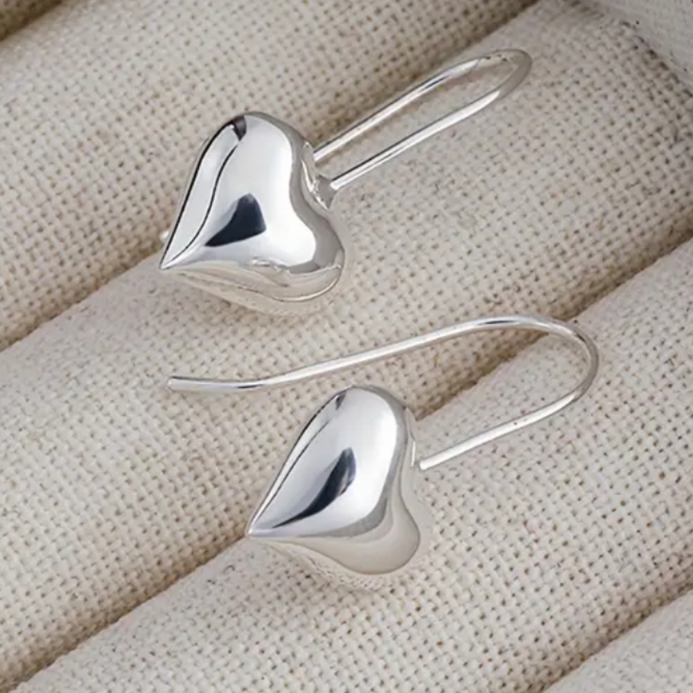 925 Sterling Silver Dangle Silver Heart Earrings